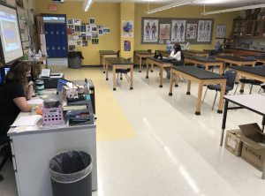 An empty classroom with teachers on teams meeting during COVID.
Photo courtesy of Fred Avett.
